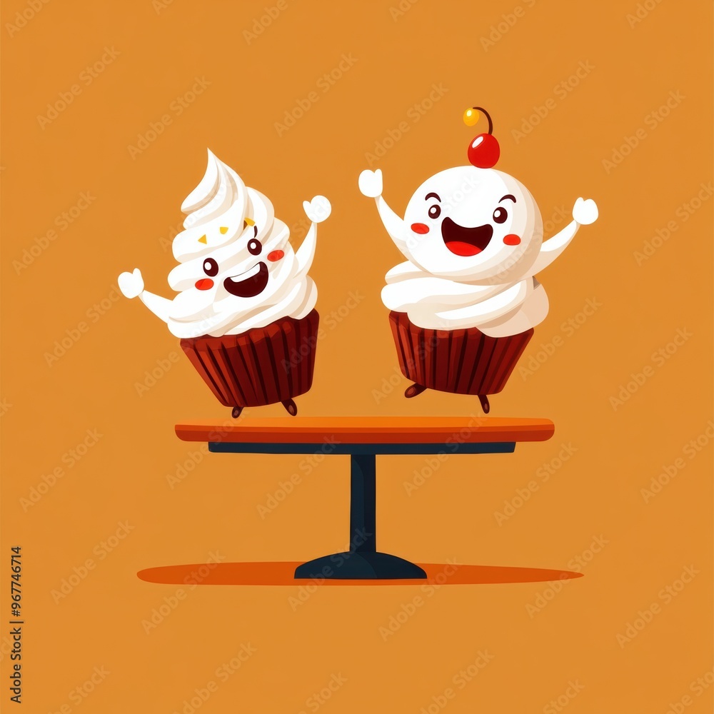 Εκτύπωση καμβά Playful cupcakes with cheerful faces, celebrating on a vibrant orange background, perfect for sweet-themed designs