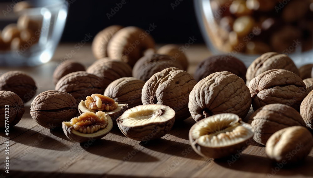 A plate full of walnuts on a wooden table A plate full of walnuts on a wooden table