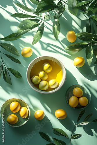 Green olives in an olive oil with leaves. Generative ai.