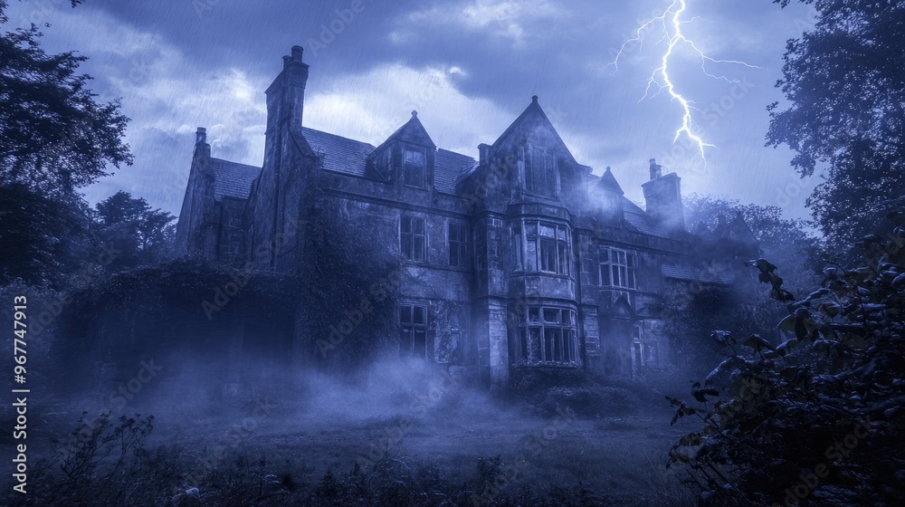A haunted British villa shrouded in mist with lightning illuminating the night sky, casting eerie shadows across the decaying house. A haunted British villa shrouded in mist with lightning illuminating the night sky, casting eerie shadows across the decaying house.