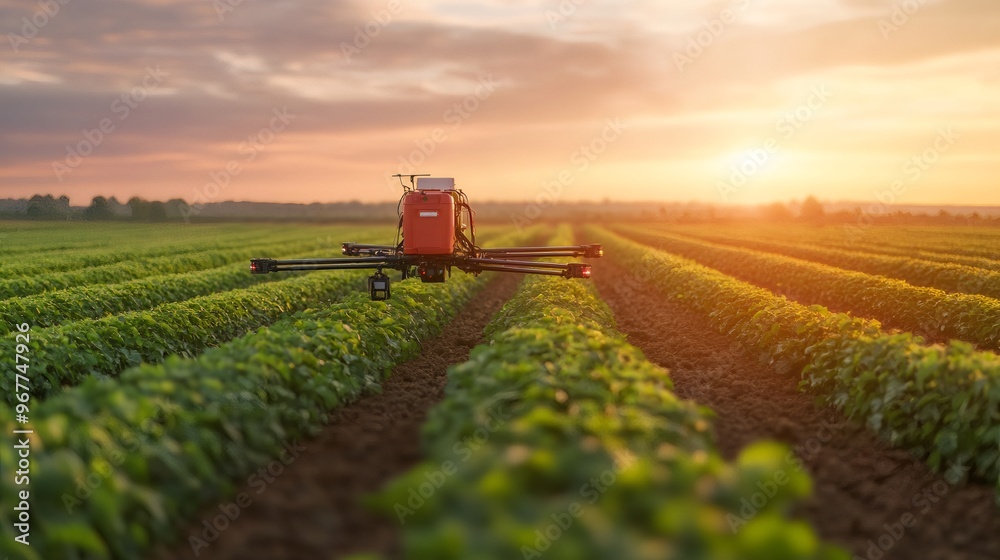 Drone spraying pesticides over a field of crops at sunset. Drone spraying pesticides over a field of crops at sunset.