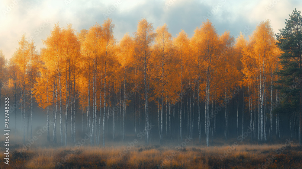 A serene autumn landscape featuring grove of birch trees with vibrant orange leaves, surrounded by misty atmosphere. scene captures beauty of nature in fall. A serene autumn landscape featuring grove of birch trees with vibrant orange leaves, surrounded by misty atmosphere. scene captures beauty of nature in fall.