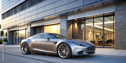 A modern, sleek, silver car with gleaming wheels and headlights is prominently displayed in front of a clean, photo