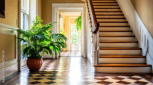 A bright hallway with a large plant in a pot on the left, a white door to the right, and a set of stairs leading up to the second floor.