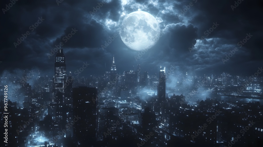 Night Cityscape Under a Full Moon Night Cityscape Under a Full Moon