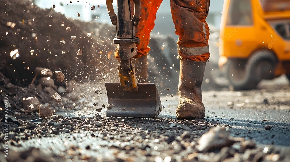 Worker Wielding Jackhammer at Intense Road Construction Site Worker Wielding Jackhammer at Intense Road Construction Site