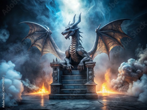 A mythical dragon perched on a medieval stone throne, surrounded by mystical smoke and eerie mist, evoking a photo