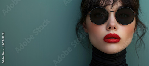 Elegant woman with bold red lips and stylish sunglasses against muted green background, exuding confidence and sophistication