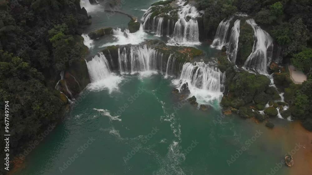 Aerial view of the breathtaking Ban Gioc waterfall and Quay Son river surrounded by lush forest, Cao Bang, Vietnam. Aerial view of the breathtaking Ban Gioc waterfall and Quay Son river surrounded by lush forest, Cao Bang, Vietnam.