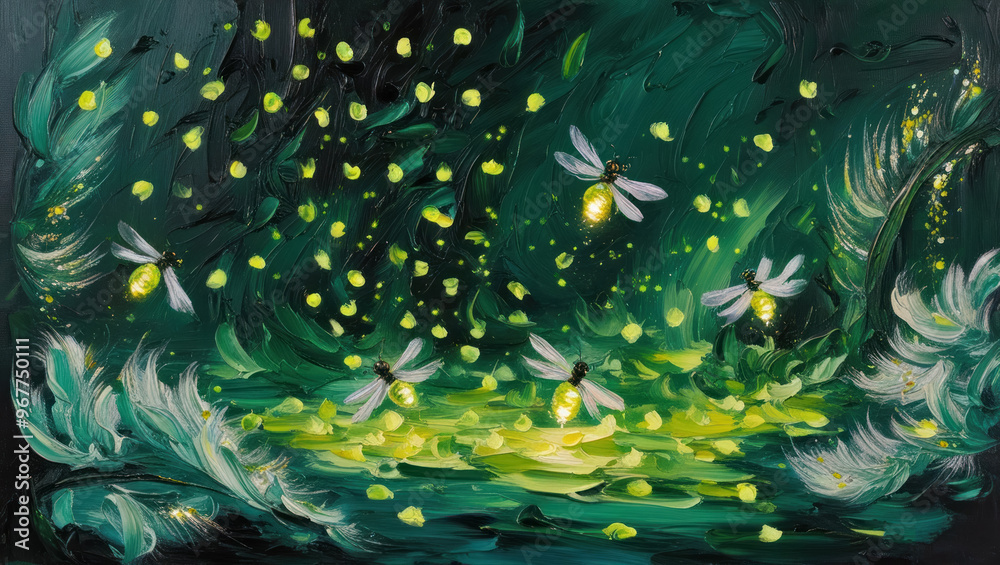 The delicately colored pattern of fireflies, shrouded in soft light, creates a magical atmosphere of a summer evening The delicately colored pattern of fireflies, shrouded in soft light, creates a magical atmosphere of a summer evening