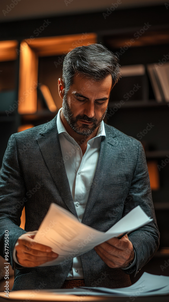 A businessman is reviewing important documents in his office, showcasing focused and professional demeanor. warm lighting and modern decor create an inspiring atmosphere for productivity A businessman is reviewing important documents in his office, showcasing focused and professional demeanor. warm lighting and modern decor create an inspiring atmosphere for productivity