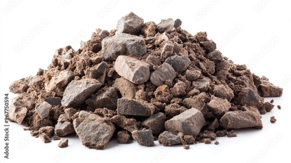 Pile of rough, crushed rocks and dirt on a white backdrop, emphasizing raw, industrial elements. Pile of rough, crushed rocks and dirt on a white backdrop, emphasizing raw, industrial elements.