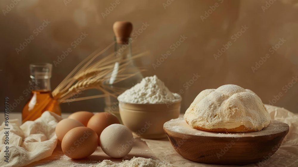 Fototapeta premium Homemade cake baking with ingredients on light brown background, front view