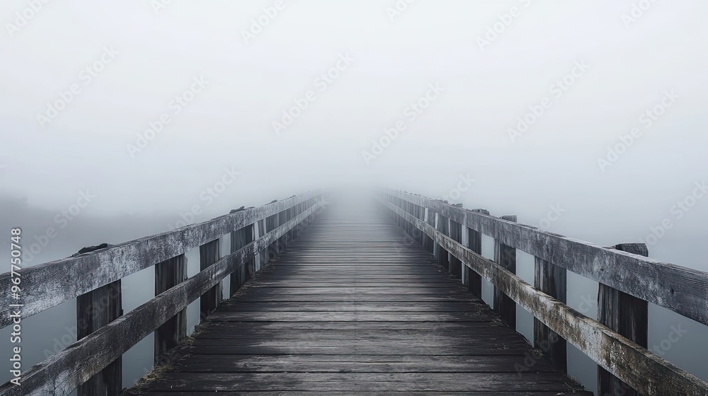 Fototapeta premium Wooden Bridge Extending Into Foggy Distance