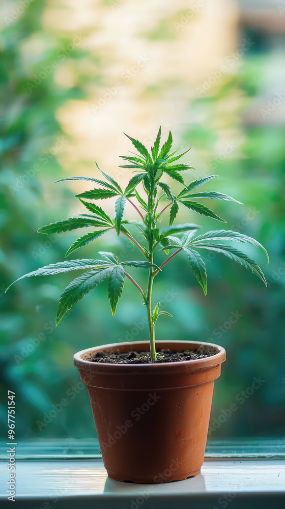 Obraz premium A cannabis plant growing in pot on windowsill, basking in natural light, showcases its vibrant green leaves. This serene setting highlights beauty of indoor gardening