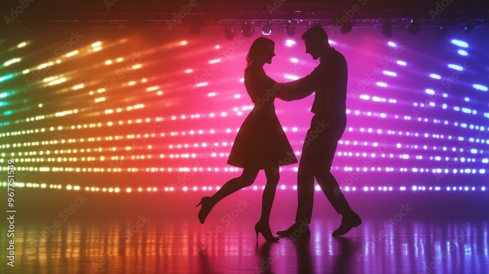 Couple Dancing Under Colorful Lights on the Dance Floor, Silhouetted Against a Vibrant Nightclub Scene. Disco Night and Salsa Dancing Capture the Energetic Party Atmosphere with Neon Lights and Dynami Couple Dancing Under Colorful Lights on the Dance Floor, Silhouetted Against a Vibrant Nightclub Scene. Disco Night and Salsa Dancing Capture the Energetic Party Atmosphere with Neon Lights and Dynami