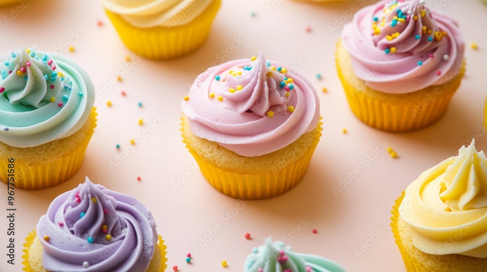 Vibrant Cupcakes with Colorful Frosting and Sprinkles on Pastel Background for Celebratory Occasions Vibrant Cupcakes with Colorful Frosting and Sprinkles on Pastel Background for Celebratory Occasions