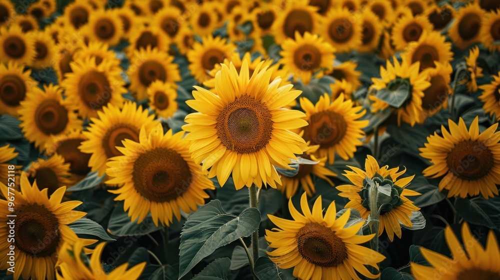 A sunflower field from above, the bright yellow blooms creating a striking contrast and pattern A sunflower field from above, the bright yellow blooms creating a striking contrast and pattern