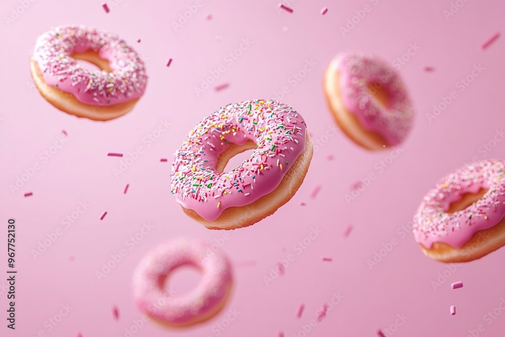 Donuts with sprinkles flying over pink background. Donuts with sprinkles flying over pink background.