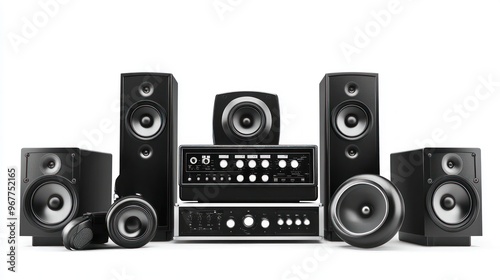 Home setup audio system loudspeakers music design white background wallpaper AI generated image