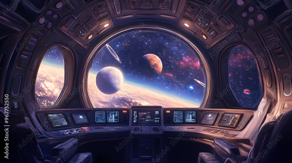 Features a spaceship cabin with a view of the universe and faraway planets. generative ai. Spaceship. Illustration Features a spaceship cabin with a view of the universe and faraway planets. generative ai. Spaceship. Illustration