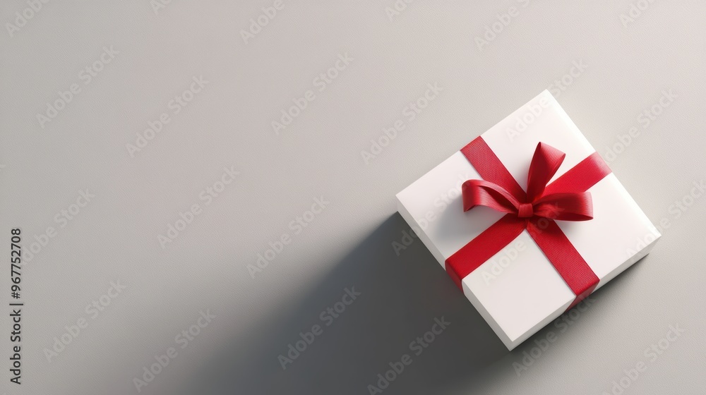 Single white box with a minimal red ribbon, placed on a matte grey surface, casting soft shadows Single white box with a minimal red ribbon, placed on a matte grey surface, casting soft shadows