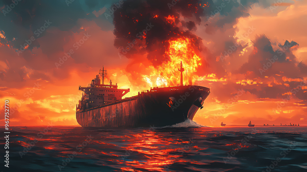 Fire is burning large cargo ship while traveling to deliver goods at sea during sunset,generative ai. Floating Ship. Illustration Fire is burning large cargo ship while traveling to deliver goods at sea during sunset,generative ai. Floating Ship. Illustration