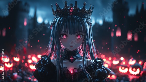 Anime girl dressed as a medieval princess with a crown and gown in a Halloween castle setting