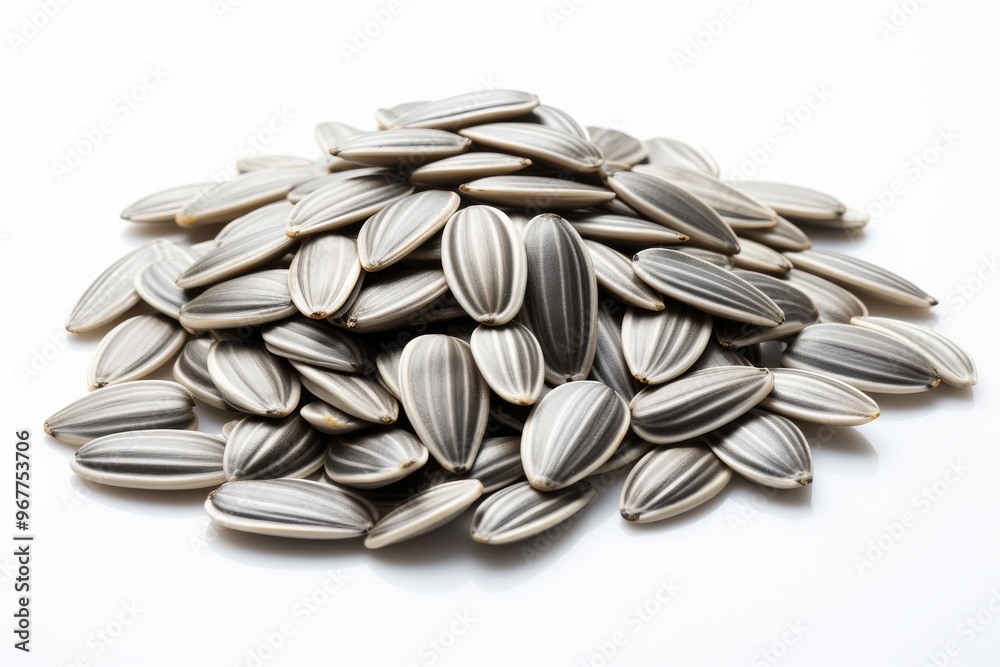 Healthy sunflower seeds piled on a clean surface showcasing their unique striped pattern in daylight Healthy sunflower seeds piled on a clean surface showcasing their unique striped pattern in daylight