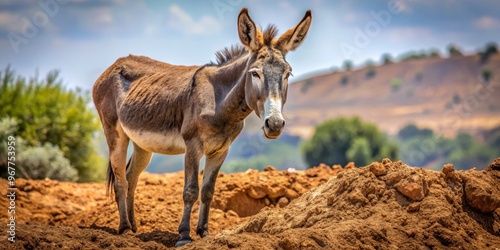 A rugged, uncooperative mule stands firm, digging hooves into dusty ground, ears laid back, and eyes fixed in photo