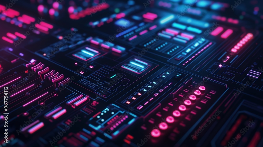 High-Tech Interface Controls with Neon Light Accents in Futuristic Environment.