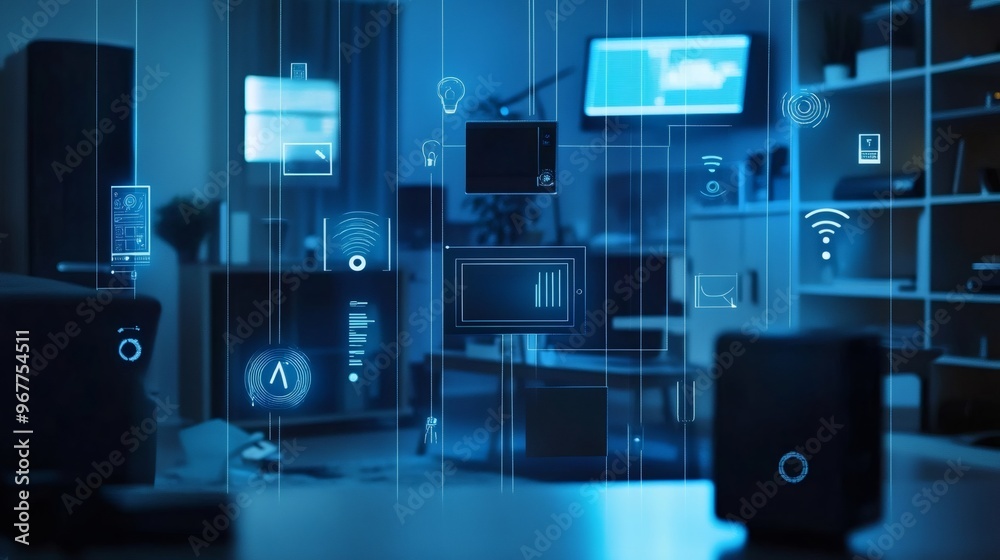 Futuristic home automation interface with digital icons in a modern living room. Futuristic home automation interface with digital icons in a modern living room.
