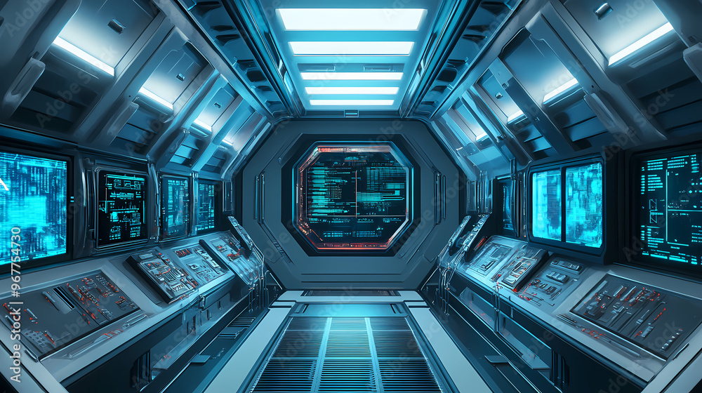 Futuristic sci-fi hallway interior with computer and monitor screen on wall, 3d rendering. Spaceship. Illustration Futuristic sci-fi hallway interior with computer and monitor screen on wall, 3d rendering. Spaceship. Illustration