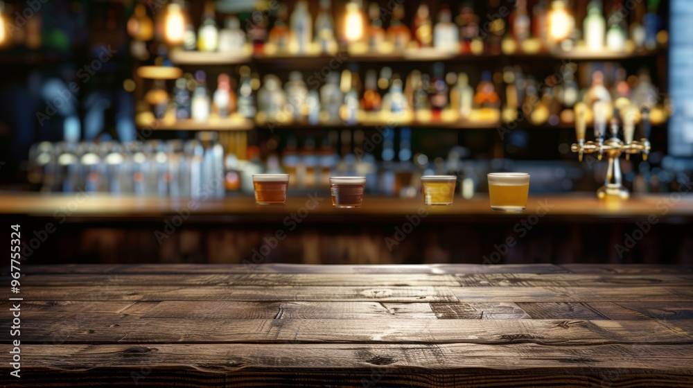 Wooden table with a view of blurred beverages bar backdrop Wooden table with a view of blurred beverages bar backdrop