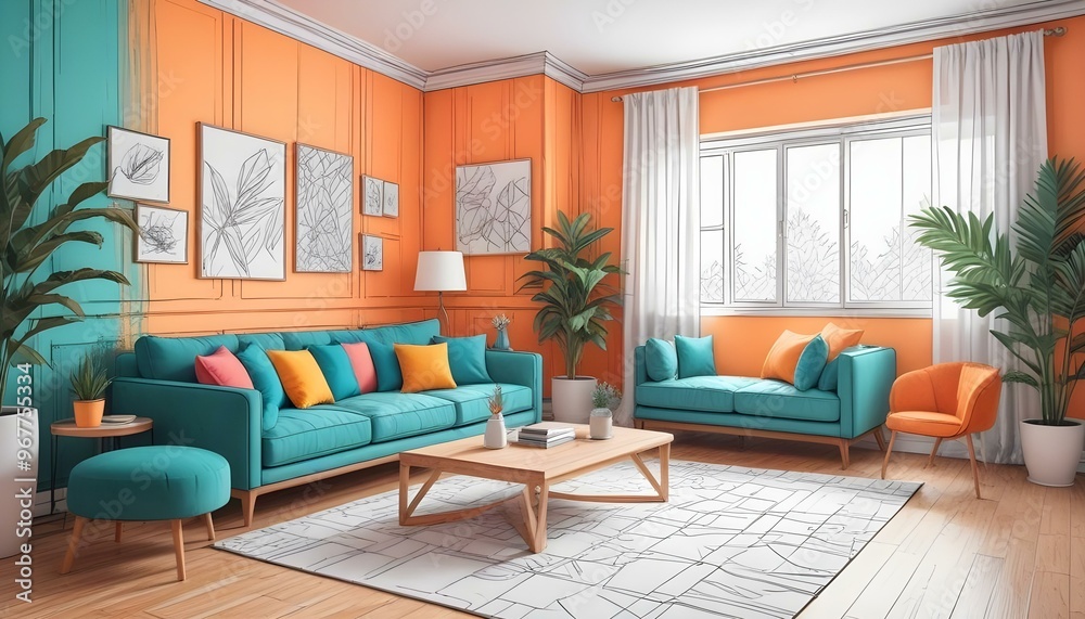 Fototapeta premium Photo interior modern design room 3d illustration;