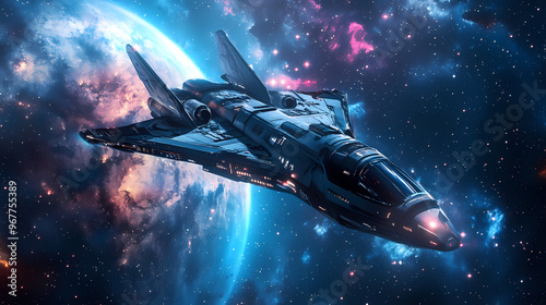 Futuristic spaceship flies among outer space. banner. Spaceship. Illustration photo