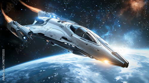 Fototapeta Naklejka Na Ścianę i Meble -  Futuristic spaceship flies among outer space. banner. Spaceship. Illustration