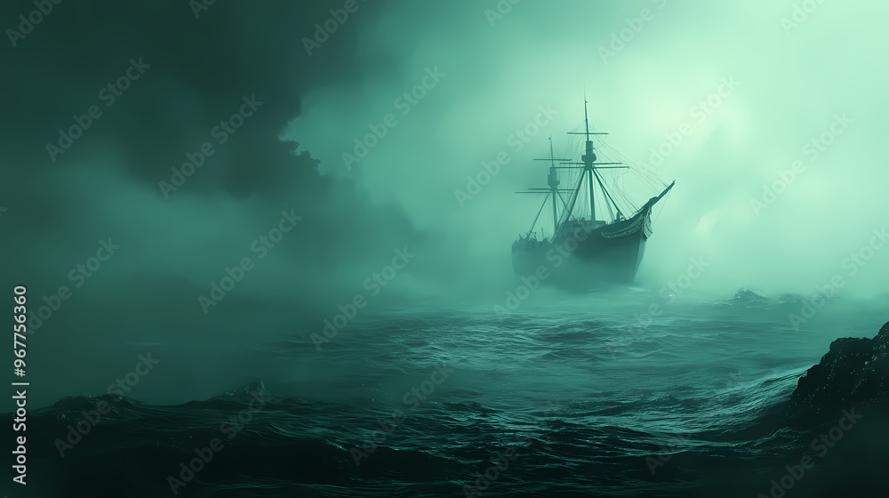 Ghost ship in the ocean a large boat floats in the distance. Floating Ship. Illustration Ghost ship in the ocean a large boat floats in the distance. Floating Ship. Illustration