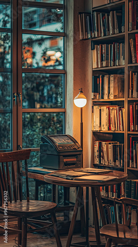 Wallpaper Mural Cozy interior of library featuring microfilm reader, wooden chairs, and warm lamp illuminating space. atmosphere invites relaxation and study Torontodigital.ca