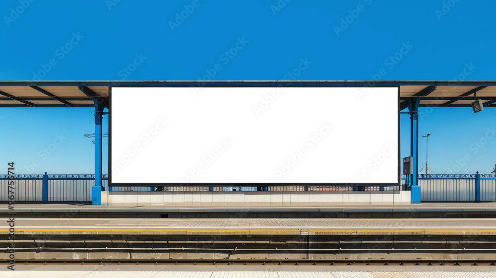Empty billboard at a railway station platform, surrounded by a lively urban environment, against a backdrop of a clear blue sky, ideal for commercial advertising visibility Empty billboard at a railway station platform, surrounded by a lively urban environment, against a backdrop of a clear blue sky, ideal for commercial advertising visibility