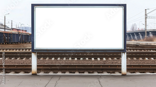 Blank advertisement board beside railway tracks, set in an industrial environment, offers a creative marketing opportunity, ideal for impactful promotional messages photo