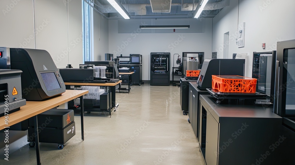 A 3D printing lab with multiple printers creating prototypes ...