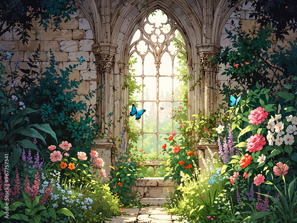 Naklejka premium a hidden Gothic garden within an ancient castle