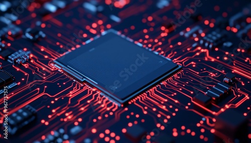 Dark blue microchip intricately detailed with vibrant red circuitry showcasing advanced processor architecture.