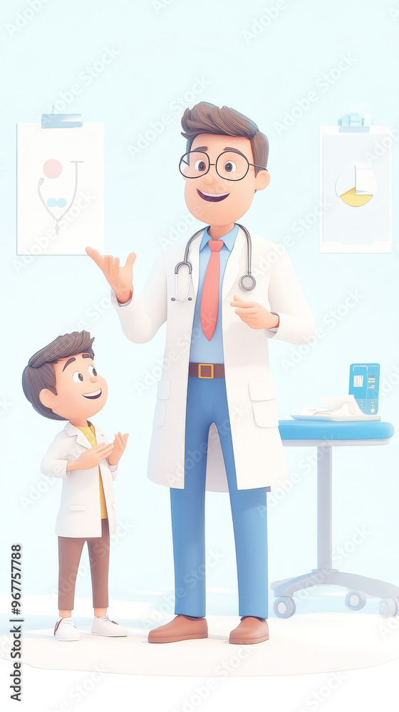A friendly doctor provides holistic healthcare advice to young boy in bright, cheerful setting. interaction emphasizes warmth and trust in medical environment A friendly doctor provides holistic healthcare advice to young boy in bright, cheerful setting. interaction emphasizes warmth and trust in medical environment