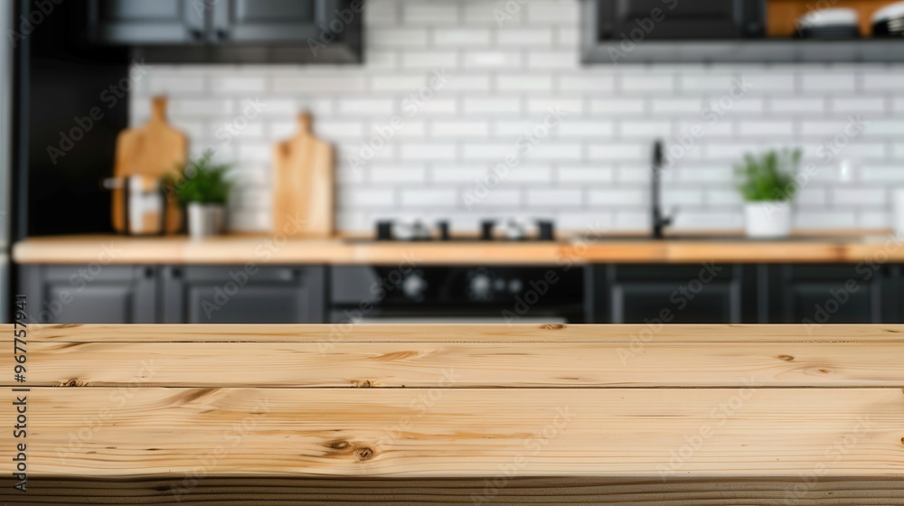 Stylish Wooden Table in Contemporary Kitchen, an empty wooden table set against a blurred backdrop of a sleek kitchen featuring bold black accents and a modern, edgy aesthetic