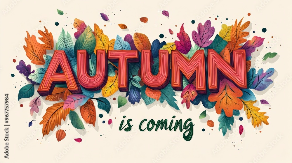Autumn Is Coming Text with Colorful Leaf Pattern Autumn Is Coming Text with Colorful Leaf Pattern