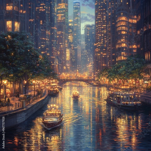 A magnificent view of a rich and flowing city river. The river runs through the heart of the city, with its waters constantly moving. It reflects the city lights and buildings, creating a beautiful an