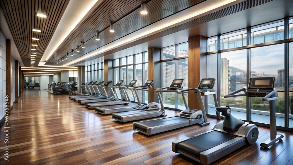 A sleek, modern fitness center stands vacant, with rows of treadmills, stationary bikes, and weight machines waiting to A sleek, modern fitness center stands vacant, with rows of treadmills, stationary bikes, and weight machines waiting to