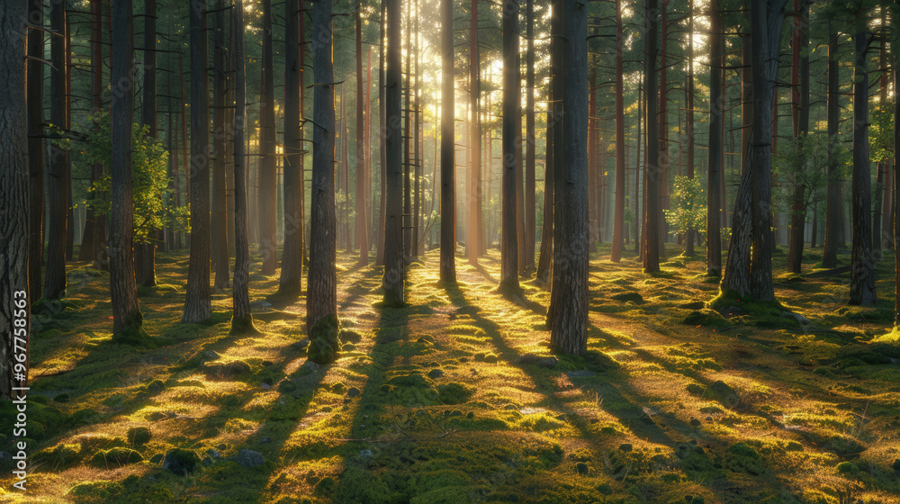 A forest with sunlight shining through the trees A forest with sunlight shining through the trees
